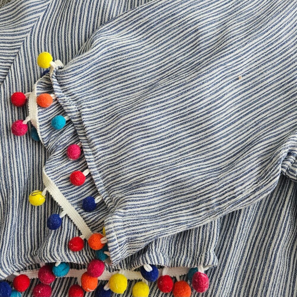 Striped Coastal Boho Nautical Pom Pom Blue White Oversize Blouse Tunic M - Picture 7 of 9